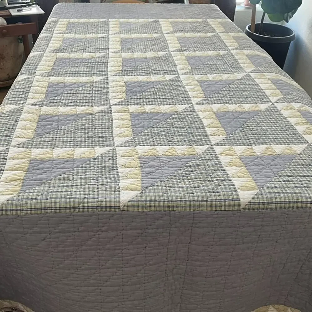 Vtg Smith & Johnson Cotton Patchwork Quilt Queen Gray Green Geometric Reversible